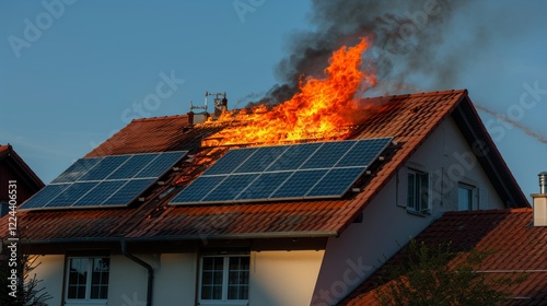 Significant solar panel fire hazard on roof with bright flames under clear blue sky