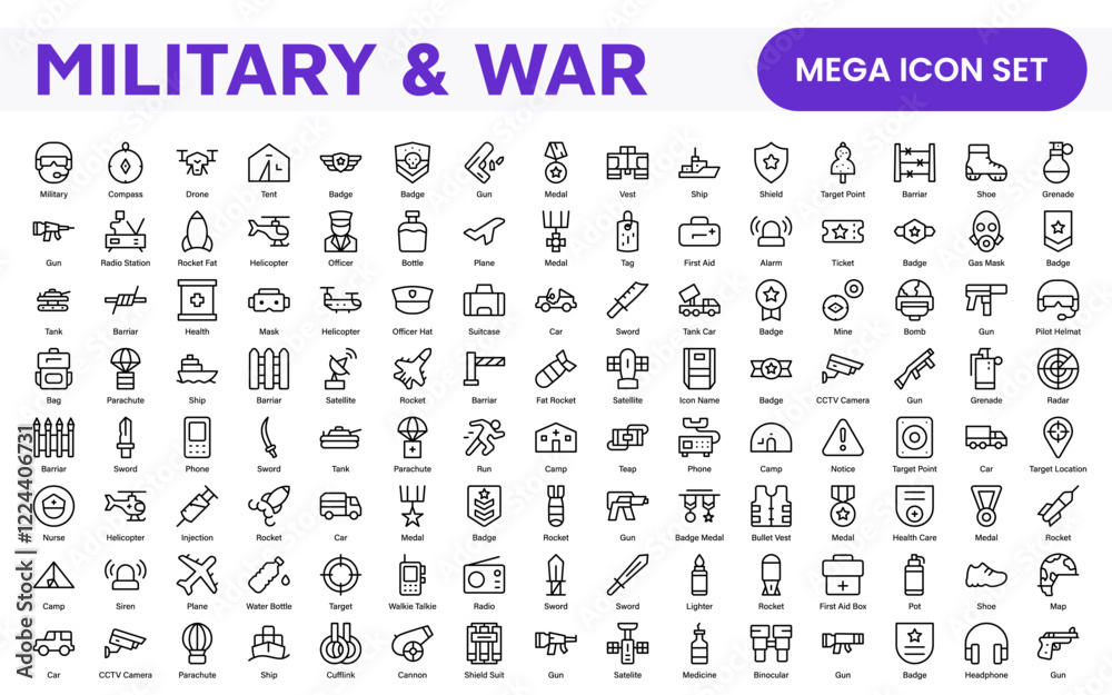 Military and War Icon Set. A powerful collection of icons representing defense and combat themes, perfect for enhancing educational materials, military websites, and historical projects.
