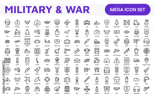 Military and War Icon Set. A powerful collection of icons representing defense and combat themes, perfect for enhancing educational materials, military websites, and historical projects.