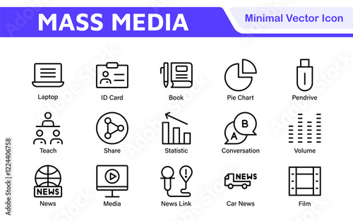 Mass media outline vector icons large set isolated on white background. media business concept. Media outline icons set.