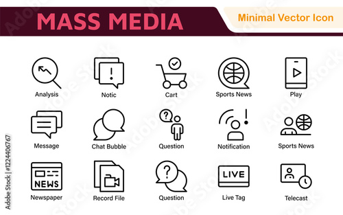 Mass media outline vector icons large set isolated on white background. media business concept. Media outline icons set.