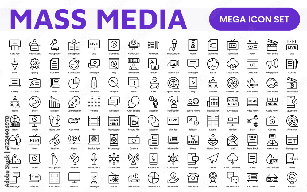 Mass media outline vector icons large set isolated on white background. media business concept. Media outline icons set.