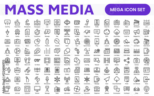 Mass media outline vector icons large set isolated on white background. media business concept. Media outline icons set.