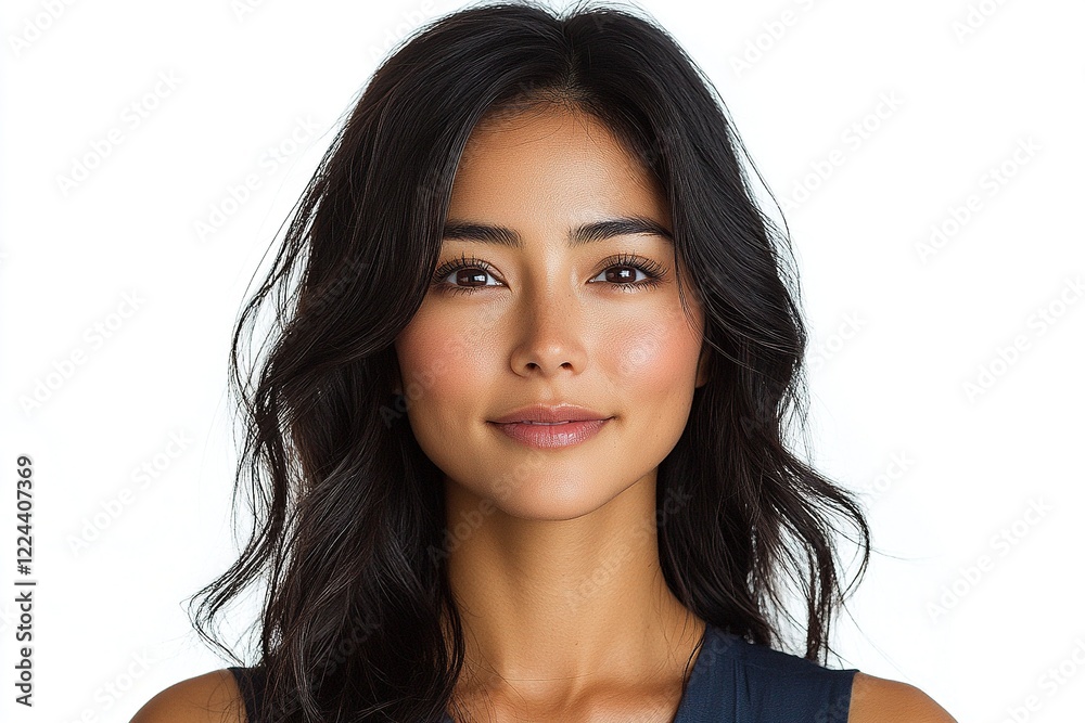 Portrait of a smiling woman with long dark hair, set against a clean white background, exuding confidence Portrait of a smiling woman with long dark hair, set against a clean white background, exuding confidence