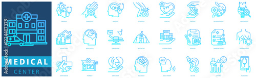 MEDICAL CENTER ICON SET with cardiology, dermatology, neurology, orthopedics, pediatrics, oncology, gastroenterology, endocrinology, hospital, nursing home and mental health