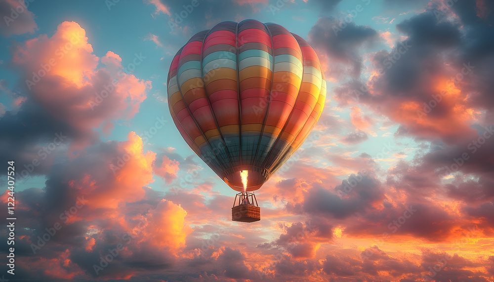Fototapeta premium Colorful hot air balloon soaring through sunset cloudscape; adventure, freedom, travel