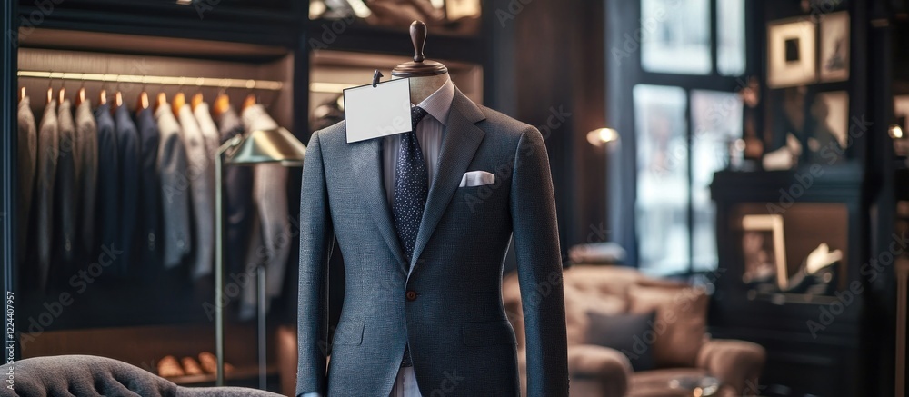 Elegant suit on display in a sophisticated room with a blank tag, wardrobe behind Elegant suit on display in a sophisticated room with a blank tag, wardrobe behind