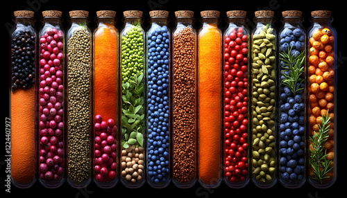 Wallpaper Mural Colorful spices and seeds in glass vials on black background; food, health, ingredient concept Torontodigital.ca