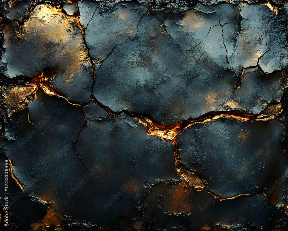 Cracked dark metallic surface, glowing gold fissures, abstract background, ideal for design textures Cracked dark metallic surface, glowing gold fissures, abstract background, ideal for design textures