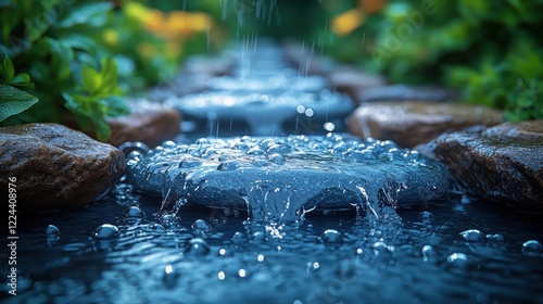 Close-Up View of Rainwater Flowing Over Stone Path with Water Droplets and Texture Details