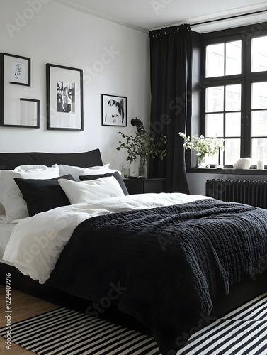 A monochrome bedroom with black furniture, white walls, and a bold striped area rug.