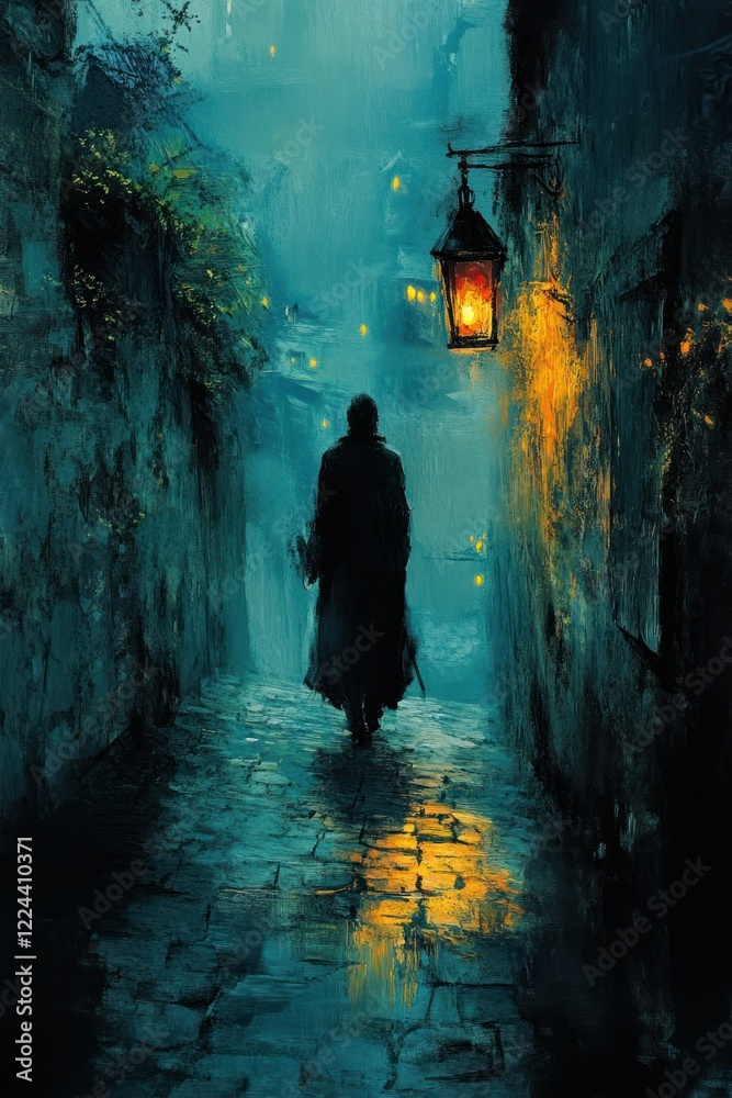 Obraz premium Female Tour Guide Leading Ghost Tour in Narrow Alley with Lantern