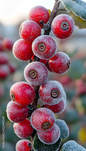 Frosted red berries on branch, winter garden, close-up photo