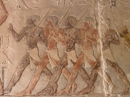 Reliefs in the tomb of the Chief Justice and Vizier Mehu in Saqqara in Giza showing daily life of the pharaohs including food offerings, harvesting, fishing, gardening and much more