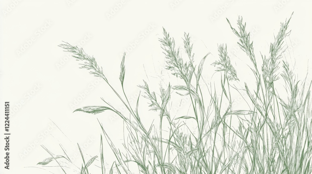 Fototapeta premium Sketch of green grass and reeds against a white background.
