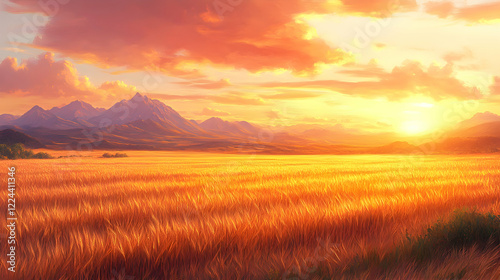 Golden sunset over a vast wheat field, majestic mountains in the background. Perfect for travel brochures or nature documentaries
