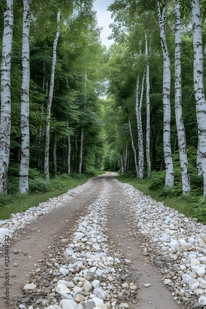 Fototapeta premium Gravel road through birch forest, summer day, peaceful landscape, nature background, ideal for travel brochures