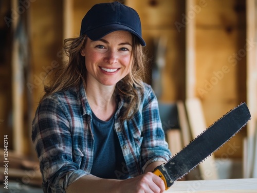 A photograph of an attractive woman in her late thirties, wearing a navy blue baseball cap and a plaid shirt, holding a large hand saw with a black handle while building wood furniture at home photo