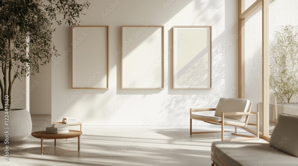 Fototapeta premium Elegant minimalist gallery mockup featuring three empty frames in a sunlit room with natural decor
