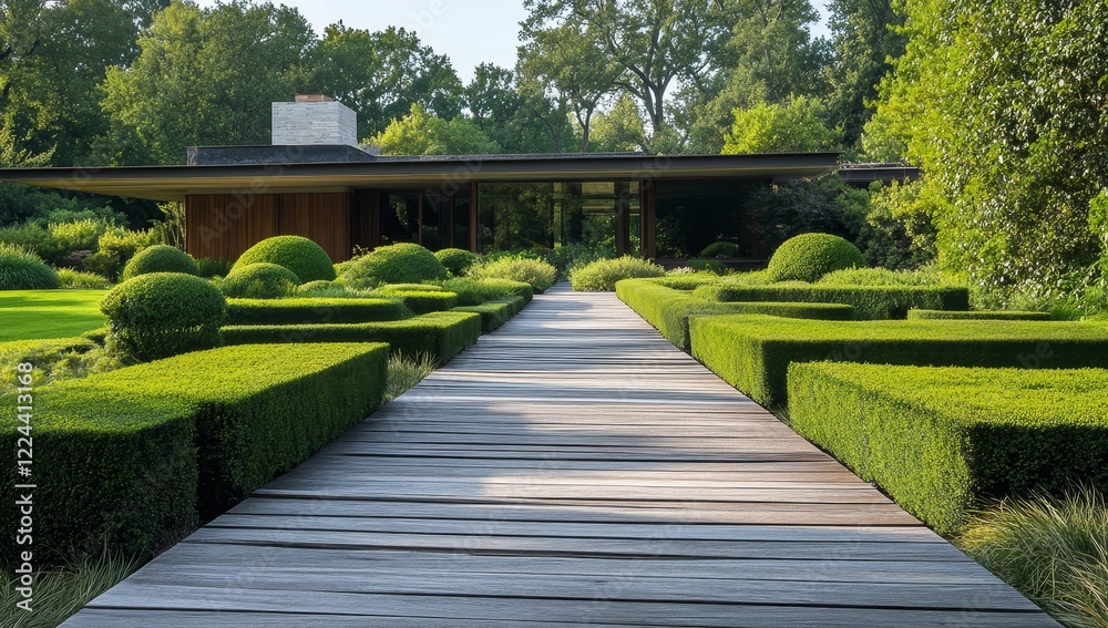 Obraz premium Modern house pathway with manicured hedges.