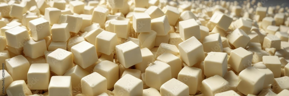 Fototapeta premium Heap of white chocolate cubes gracefully falling with copy space, richness, kitchen table