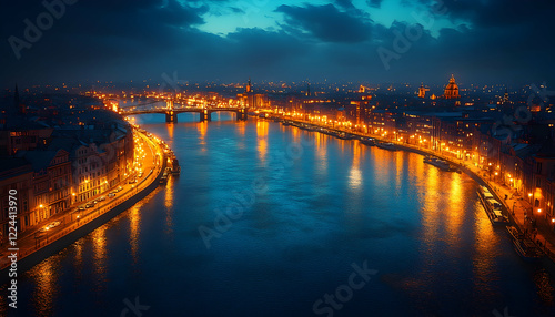 Wallpaper Mural Night cityscape, river curve, illuminated bridges, buildings, tourism, travel Torontodigital.ca
