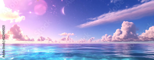 Wallpaper Mural Ocean landscape at twilight with vibrant pink clouds and glowing moon reflecting on tranquil turquoise water surface Torontodigital.ca