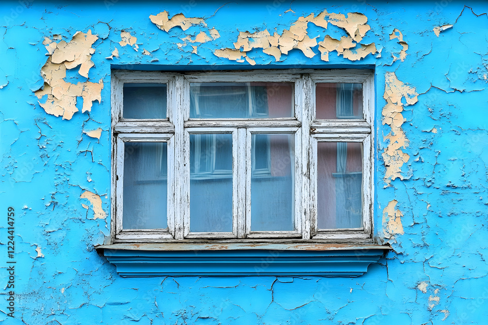 Peeling blue wall, old window, city reflection, architectural detail, urban decay