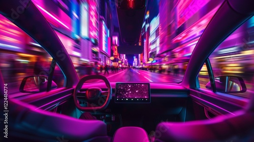 Futuristic car interior with advanced tech, digital networks, and autonomous night city driving photo