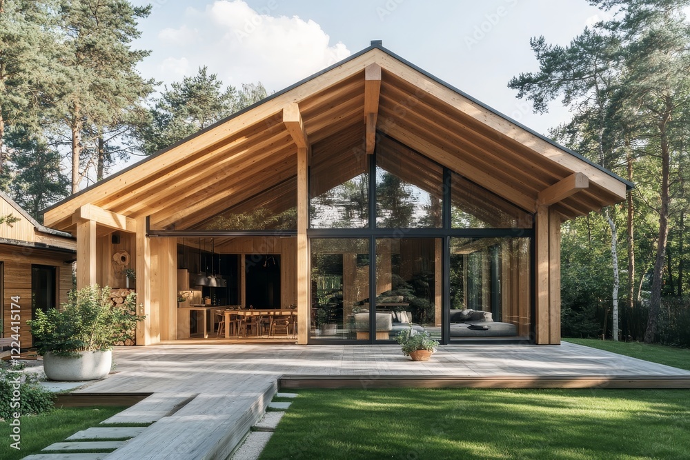 Fototapeta premium Modern wooden house with large windows and deck.