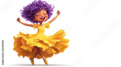 A cheerful cartoon princess with lavender hair, dressed in a bright yellow dress with a ruffled skirt, twirling happily on a white background.