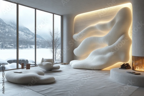 Minimalist White Wardrobe Interior with Wave Textures in Scandinavian Design photo