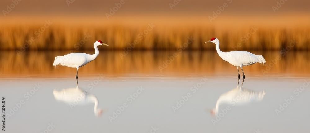 Fototapeta premium Tranquil Wetland Elegance Minimalist of Cranes with Reeds - Nature-Inspired Decor for Sustainable Interior Design and Eco-Friendly Brand Visuals