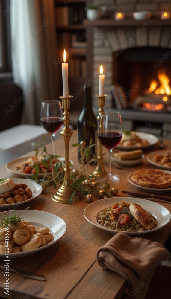 Elegant romantic dinner table setup with candlelight and wine, cozy fireplace backdrop, intimate dining experience for special occasions, fine dining ambiance, beautifully presented gourmet meal Elegant romantic dinner table setup with candlelight and wine, cozy fireplace backdrop, intimate dining experience for special occasions, fine dining ambiance, beautifully presented gourmet meal