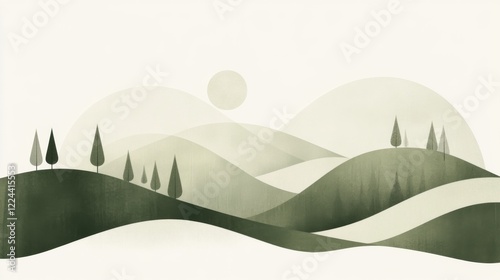 Abstract minimalist landscape illustration of rolling green hills, trees, and a sun.
