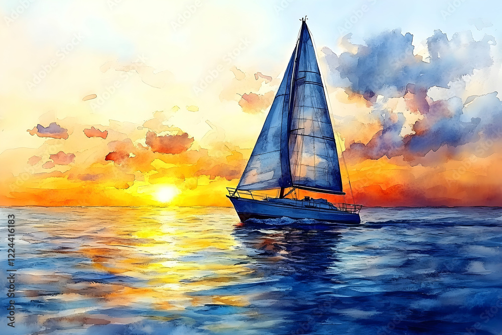 Naklejka premium Sailboat sunset ocean travel scenic painting artwork