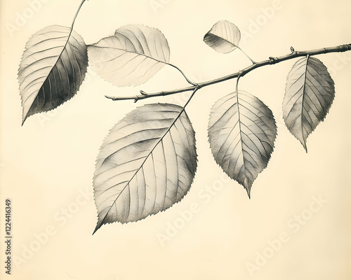 Sepia-toned branch with leaves against a light background; nature photography for design