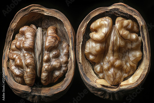 Two halves of a walnut with a textured shell and inner kernel, set against a plain background. photo