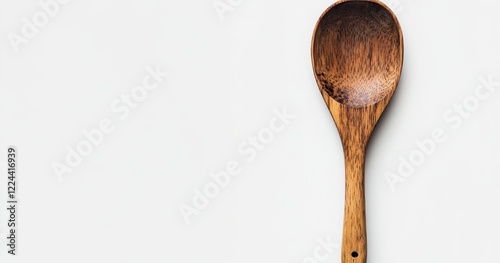 Single wooden spoon on white background.