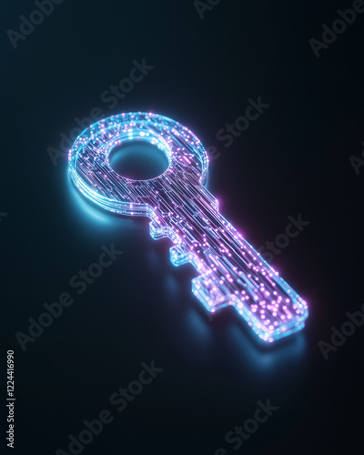 3D representation of a digital NFT key with holographic patterns and neon accents