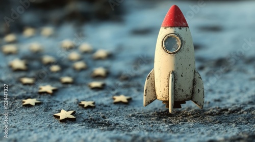 A playful art toy styled as a small rocket-shaped figure, standing upright on the lunar surface, with a trail of tiny star-shaped footprints. photo