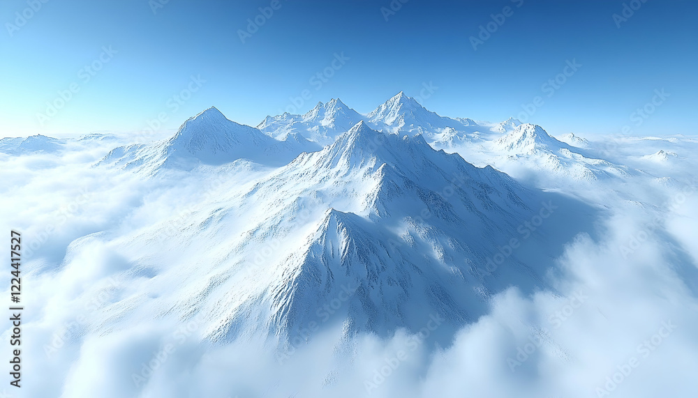 Snowy mountain range peaks above clouds, aerial view; serene landscape for travel brochures Snowy mountain range peaks above clouds, aerial view; serene landscape for travel brochures