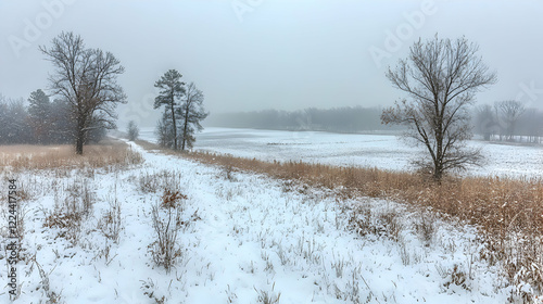 Wallpaper Mural Snowy path leads to frozen lake, winter landscape. Use Winter travel brochure Torontodigital.ca