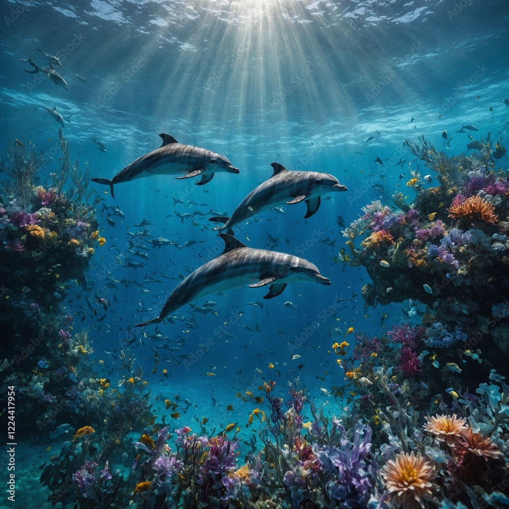 Obraz premium Dolphins swimming in a magical underwater realm filled with glowing, crystal flowers.