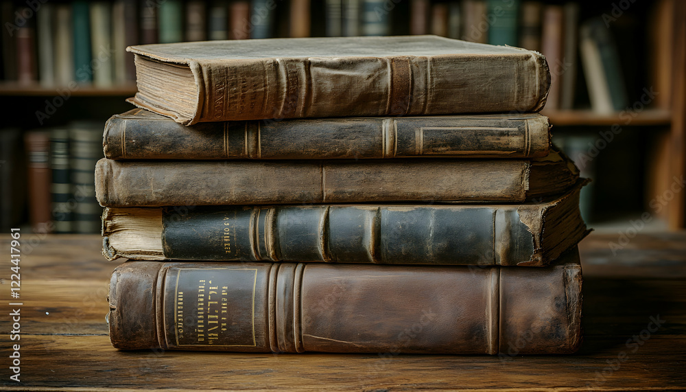 Stack of antique books on wooden table, library background; historical research, education Stack of antique books on wooden table, library background; historical research, education