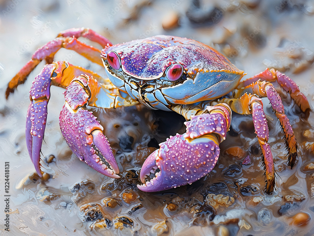 Multicolored sally lightfoot crab walking across wet rocks in the galapagos islands, showcasing vibrant purple, orange, and blue hues amid the stunning coastal landscape Multicolored sally lightfoot crab walking across wet rocks in the galapagos islands, showcasing vibrant purple, orange, and blue hues amid the stunning coastal landscape