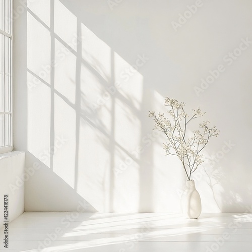Sunlight streams through window illuminating white room with vase and branches.