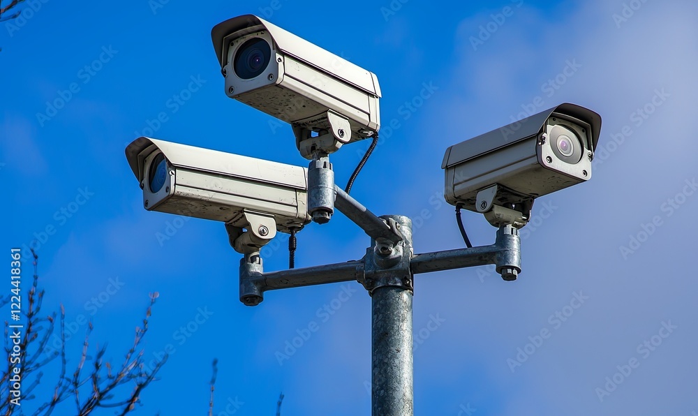 Three security cameras on a pole against a blue sky, monitoring an area with trees Three security cameras on a pole against a blue sky, monitoring an area with trees