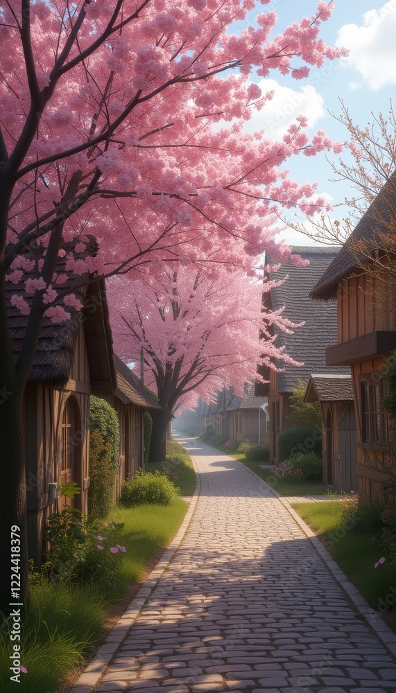Charming cobblestone path lined with traditional houses and blooming cherry blossom trees in a serene village setting, perfect for springtime travel and nature appreciation Charming cobblestone path lined with traditional houses and blooming cherry blossom trees in a serene village setting, perfect for springtime travel and nature appreciation