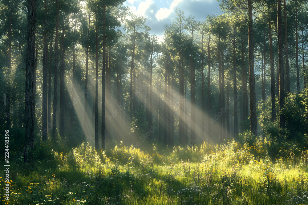 Fototapeta premium Sunbeams illuminate a tranquil pine forest clearing, creating a serene and magical atmosphere; ideal for nature documentaries or calming backgrounds